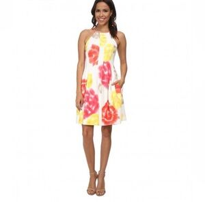 Calvin Klein White Orange Floral High Neck Halter Mini Dress Fit & Flare size 10
